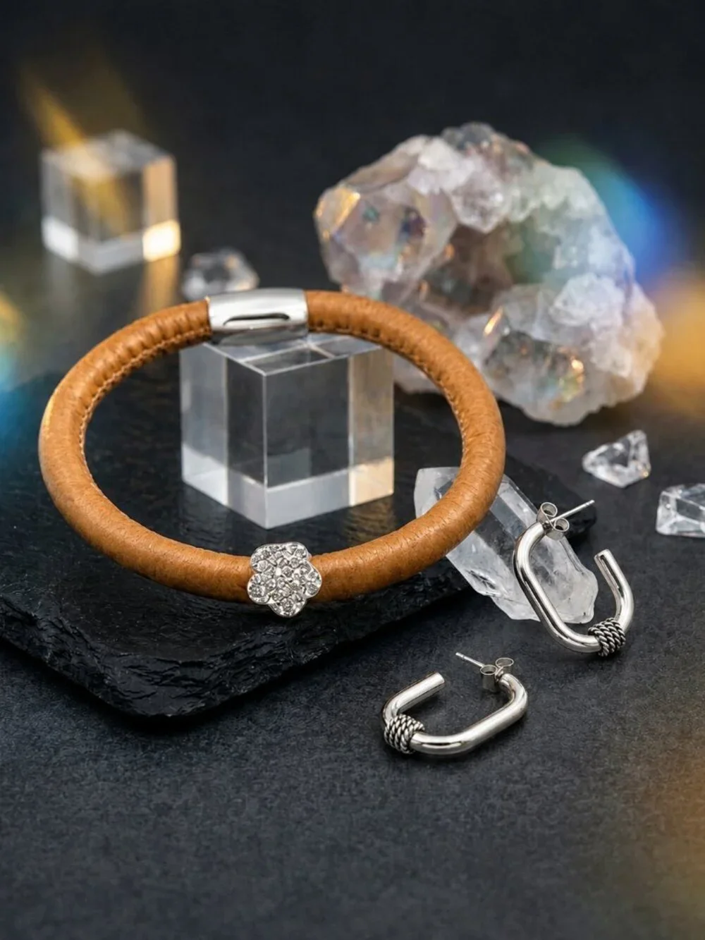 Caramel Vegan Leather Magnetic Bangle and Steel Hoop Earrings Set CZ Flower Boho